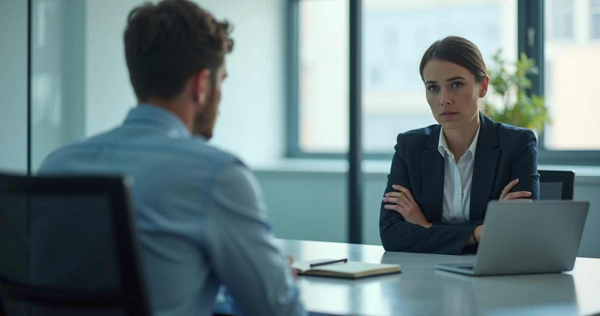 Two coworkers in a tense meeting room conversation