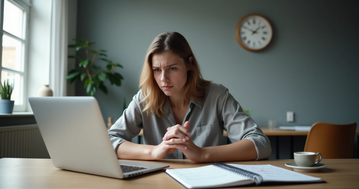 Person pausing during a tense office decision at a desk