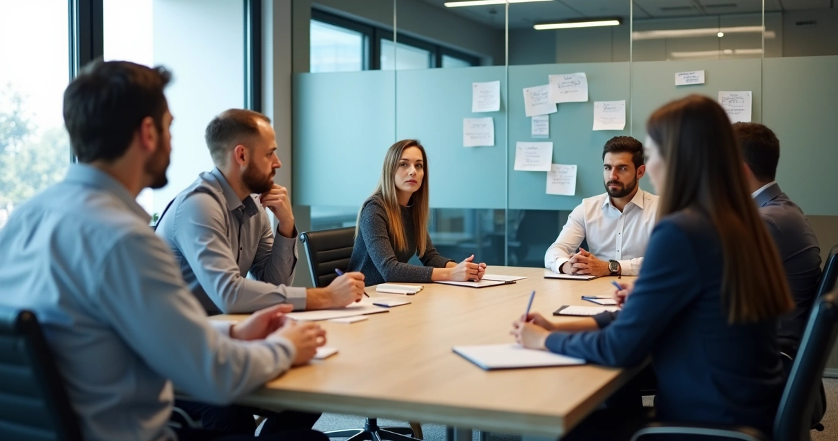 Team in a tense office meeting reviewing notes on a glass wall