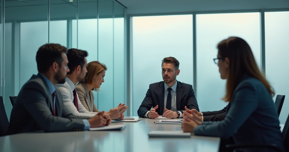Team sitting in a tense office meeting with closed body language