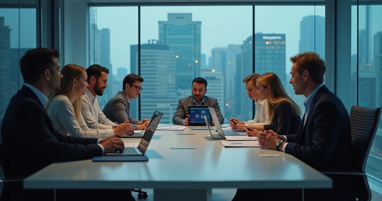 Team in a tense office meeting looking at charts and screens