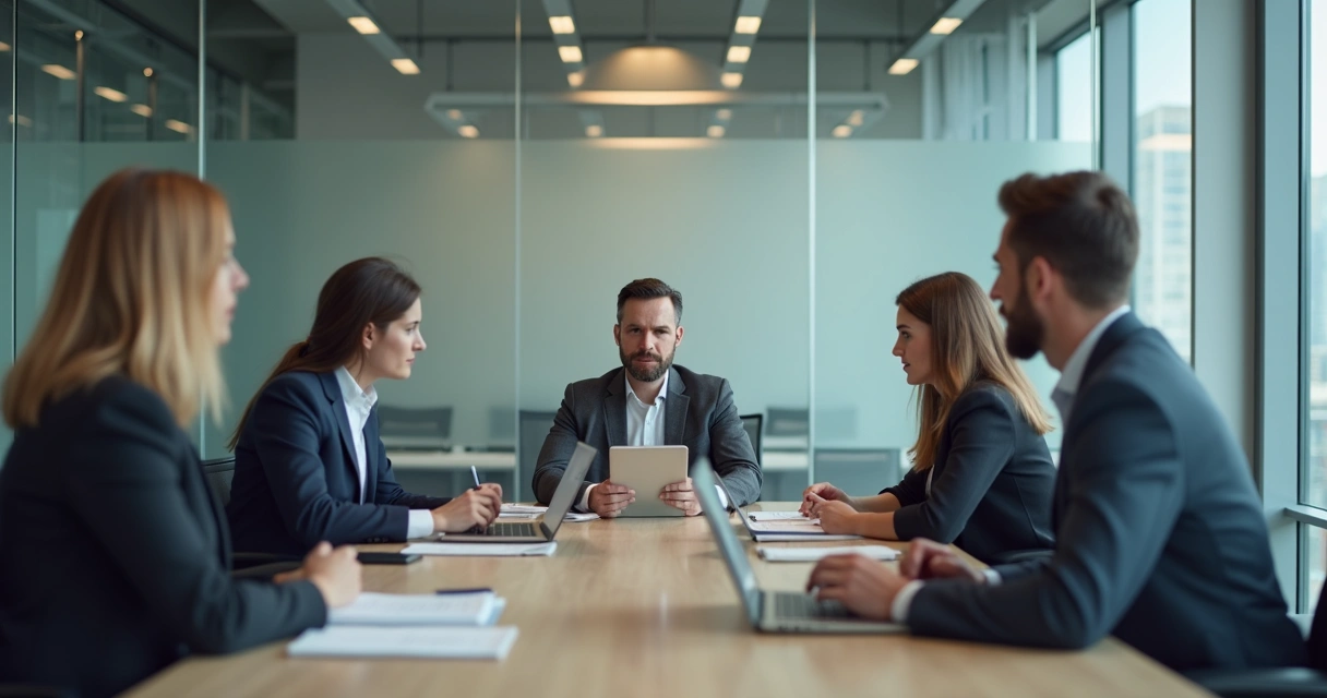 Team in a meeting with one person isolated at the table