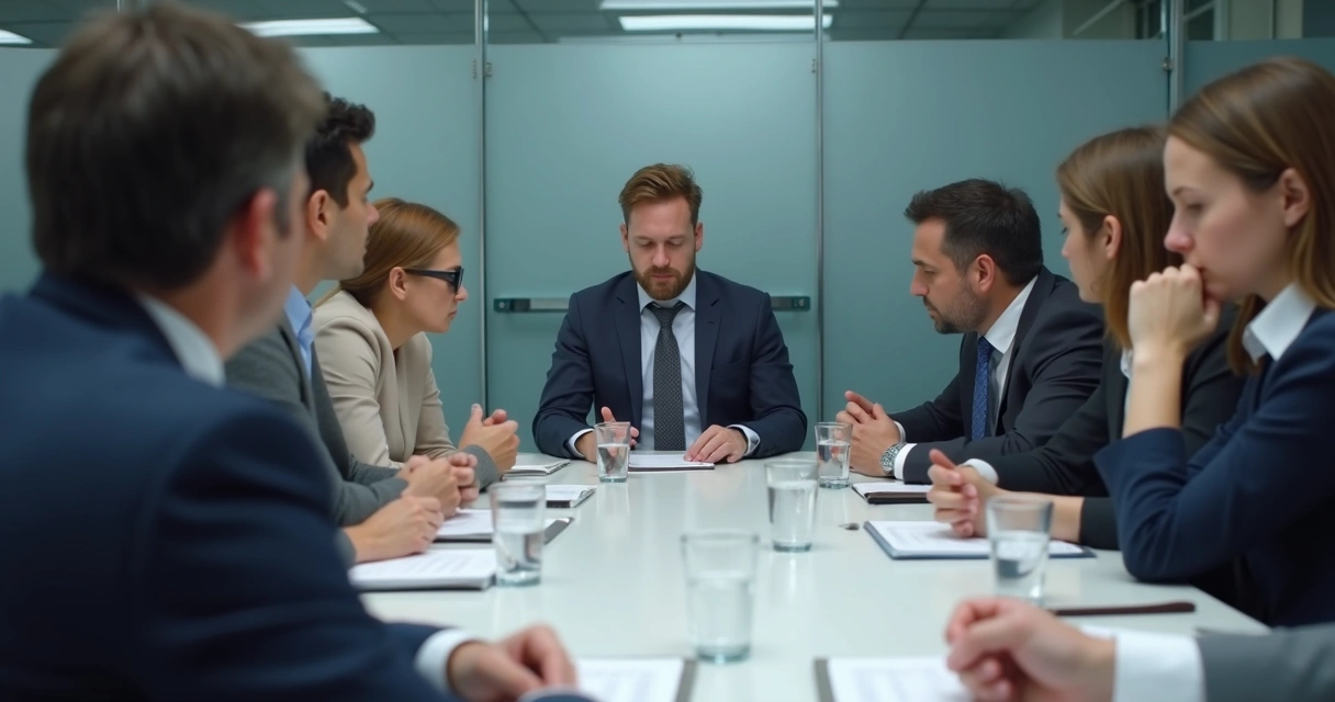 Team in a meeting with one person isolated by group body language 
