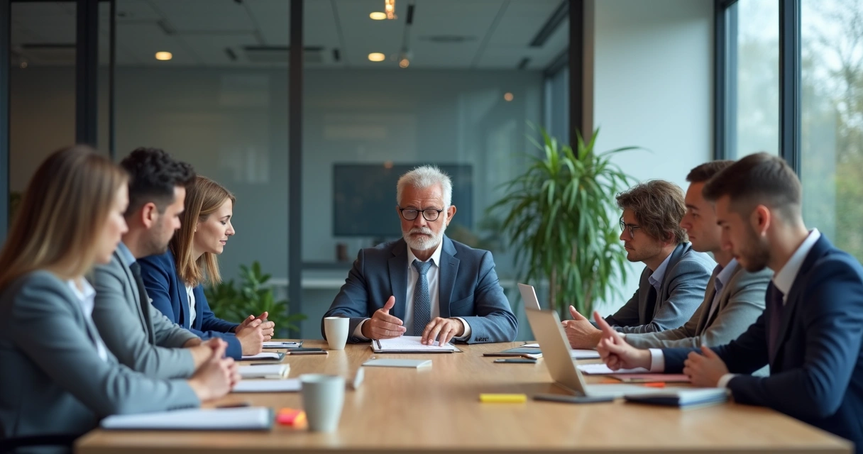 Team sitting in a tense office meeting with one person dominating the discussion