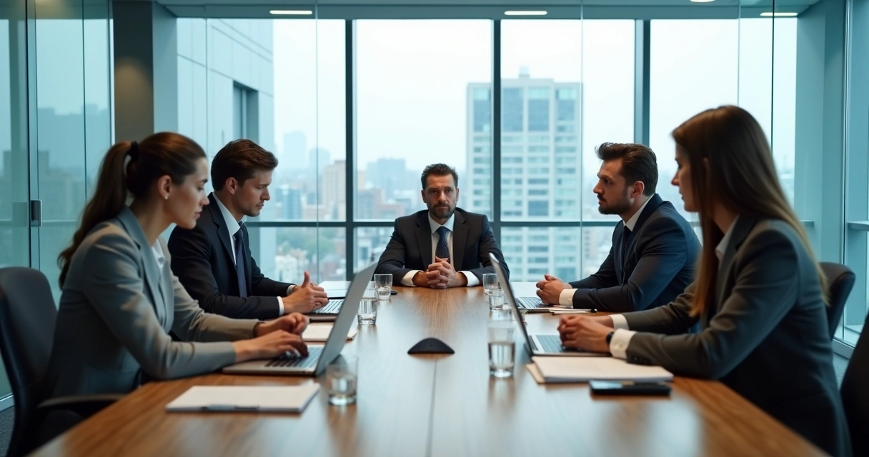 Team sitting in a tense office meeting with one person silent and others looking uneasy