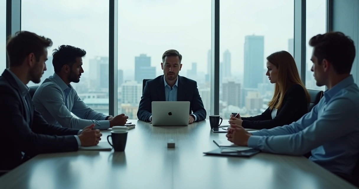 Team sitting in a tense office meeting with closed body language 