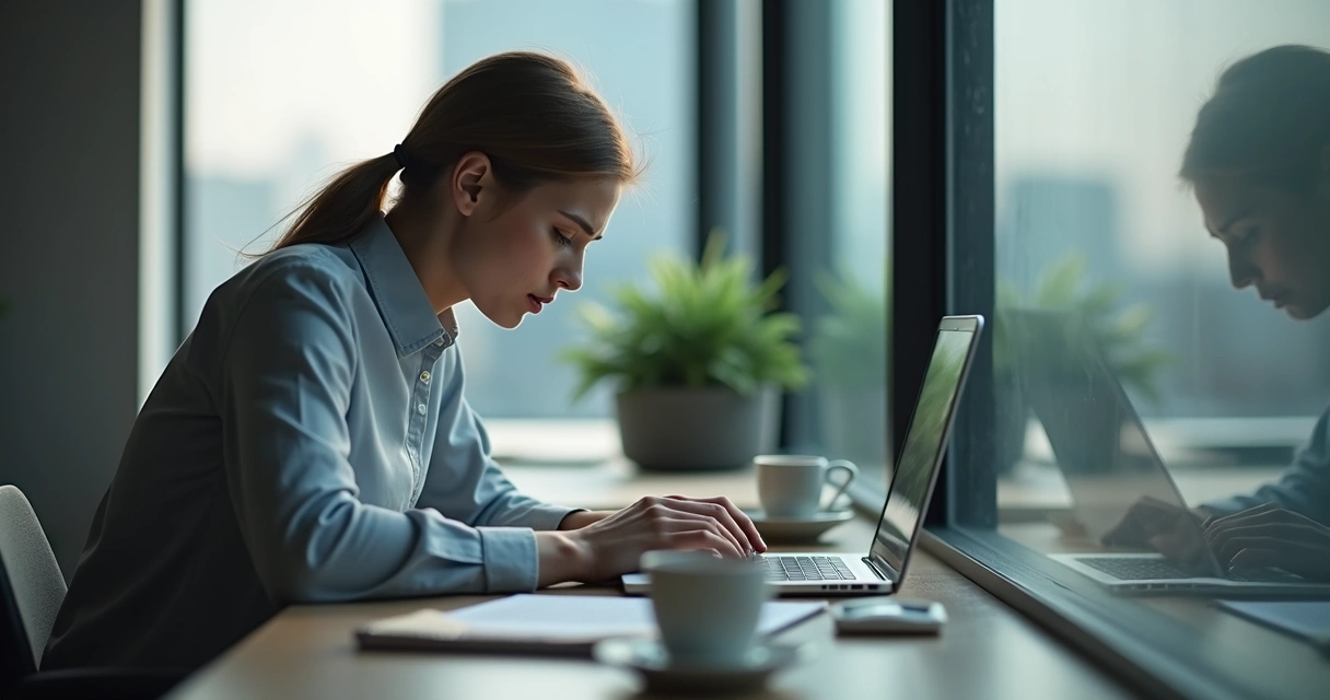 Professional looking at laptop with tense reflection in office window