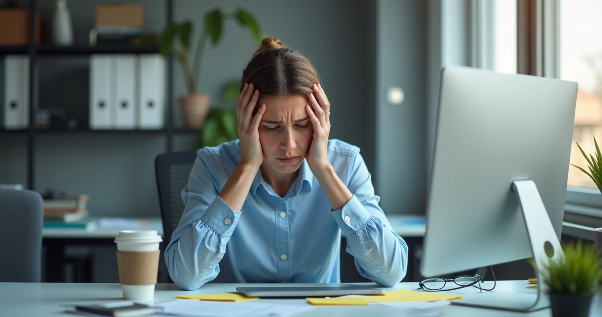 Office worker sitting tense at a desk with a laptop and sticky notes