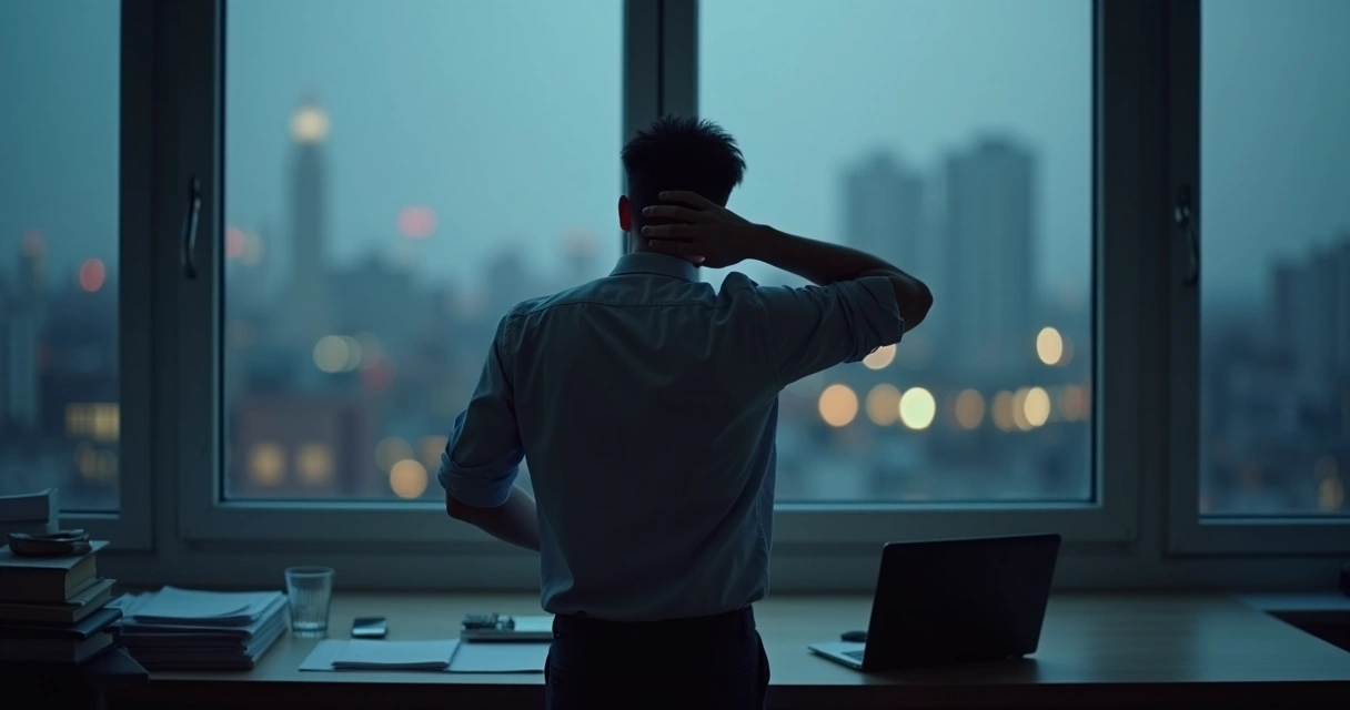Close view of tense shoulders near an office window at dusk 