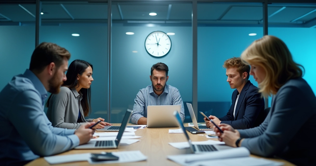 Team in a tense meeting with urgent messages on screens