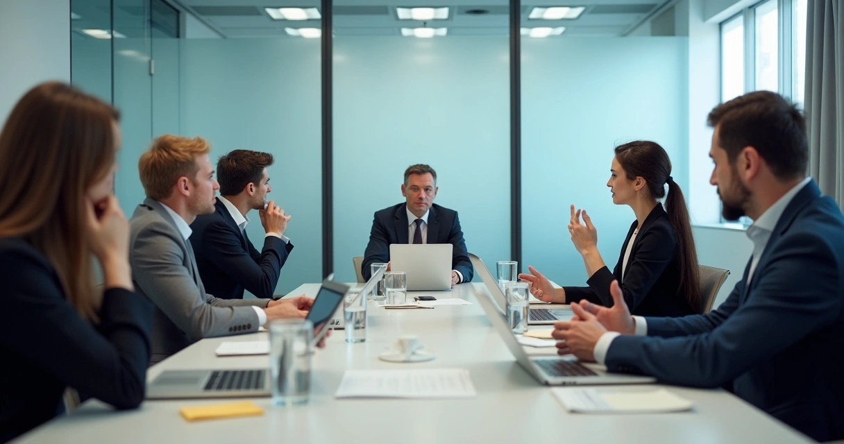 Team sitting in a tense office meeting with one person speaking and others silent 