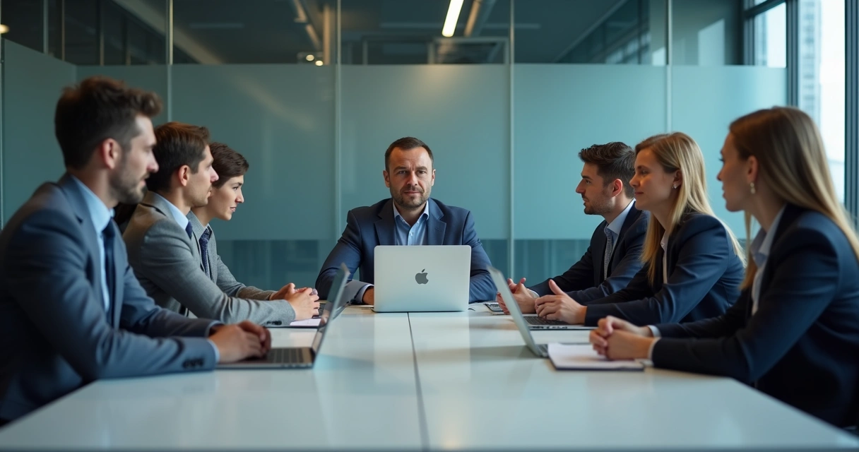 Team meeting with guarded body language and one person controlling the conversation