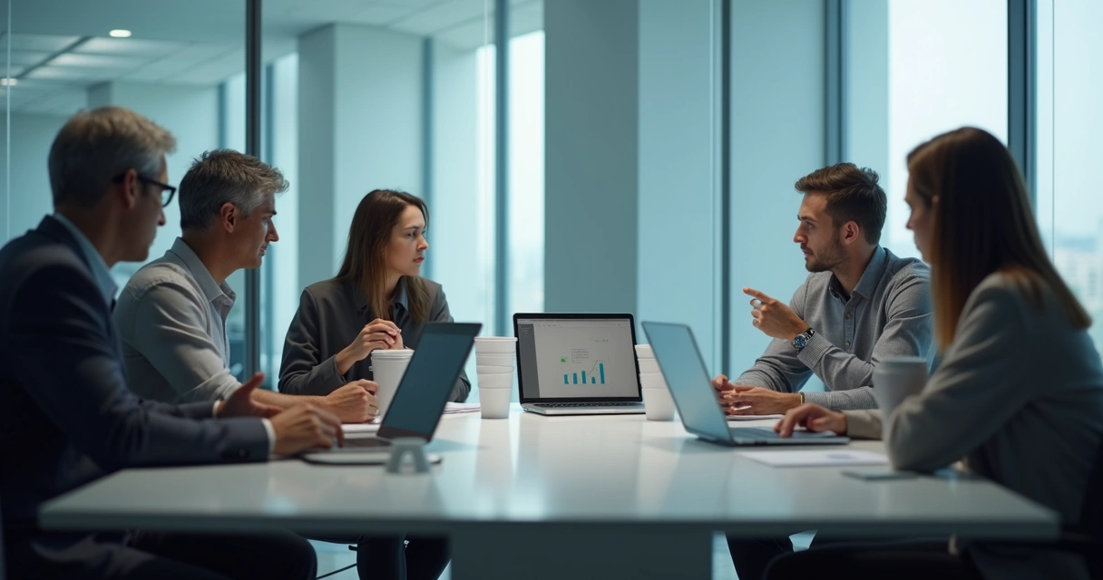 Team members sitting tense around a meeting table
