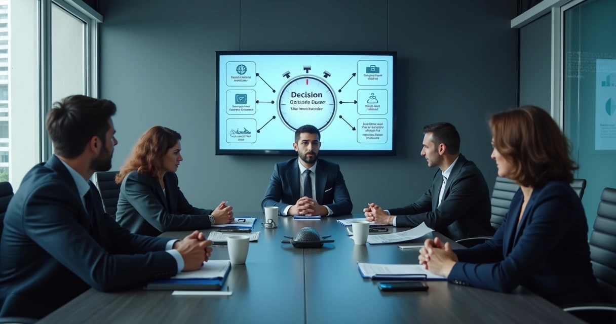 Team in a tense meeting reviewing a fast decision on a screen 
