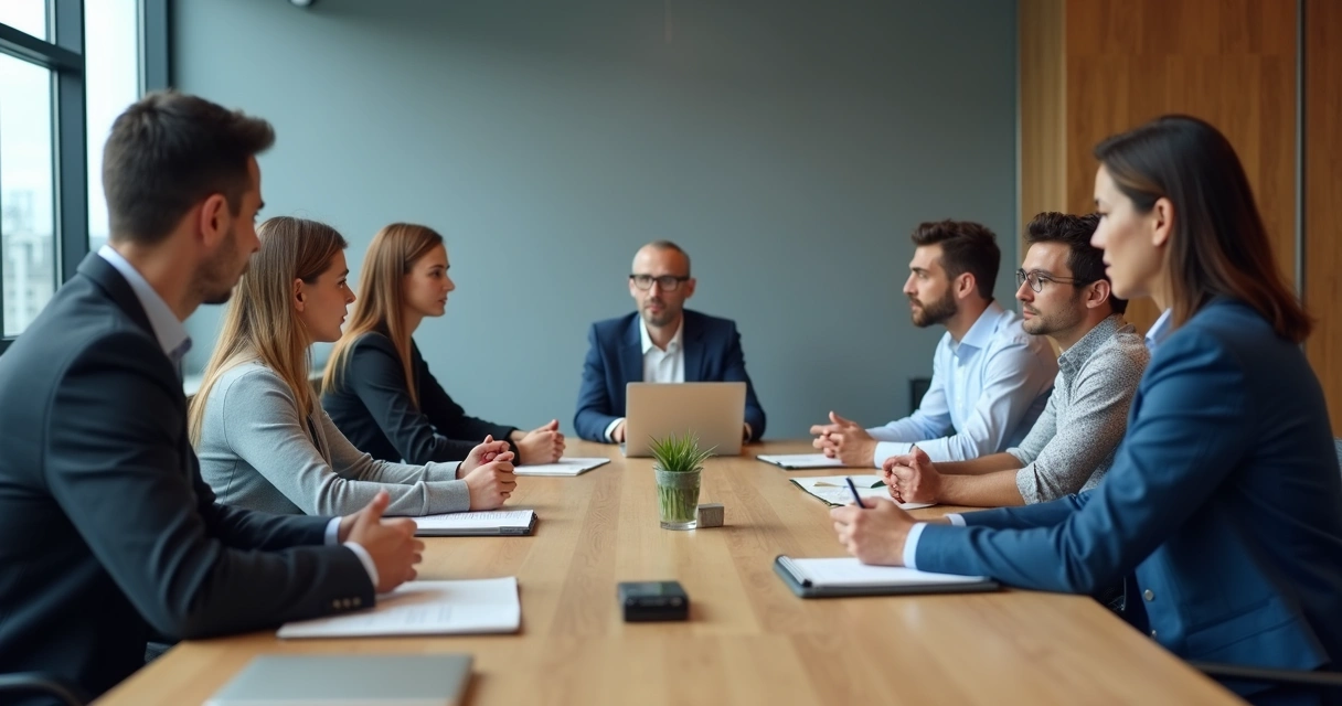 Team sitting in a tense office meeting with closed body language 