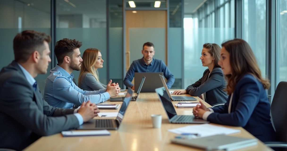 Team in a tense meeting with guarded body language 