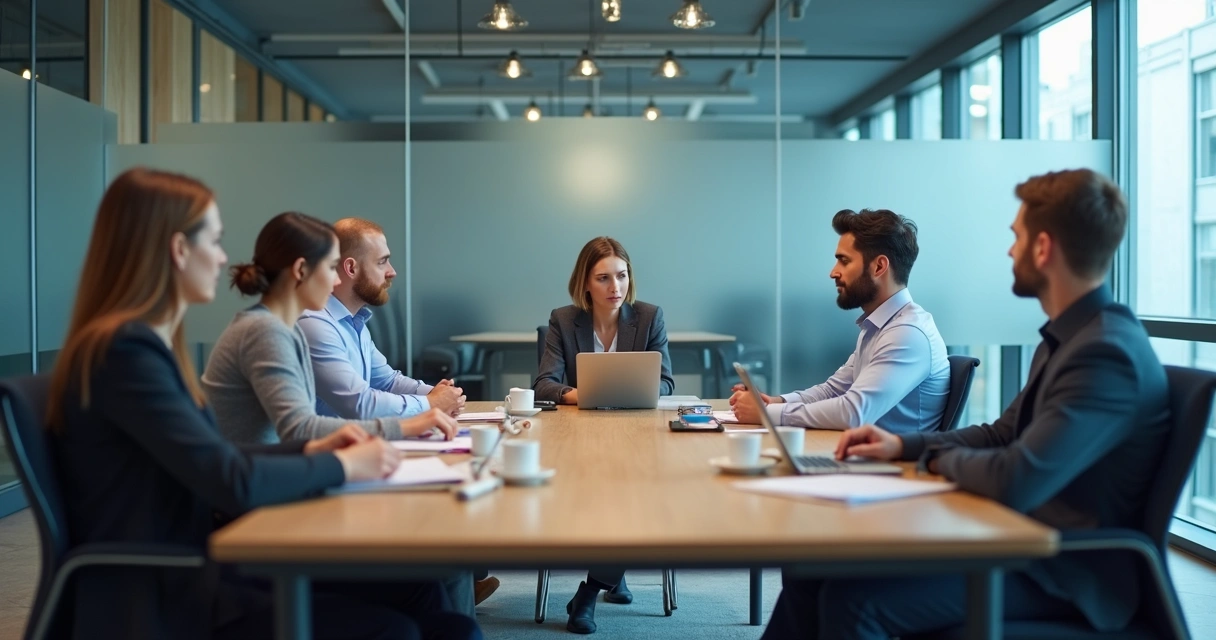 Team sitting in a tense office meeting room