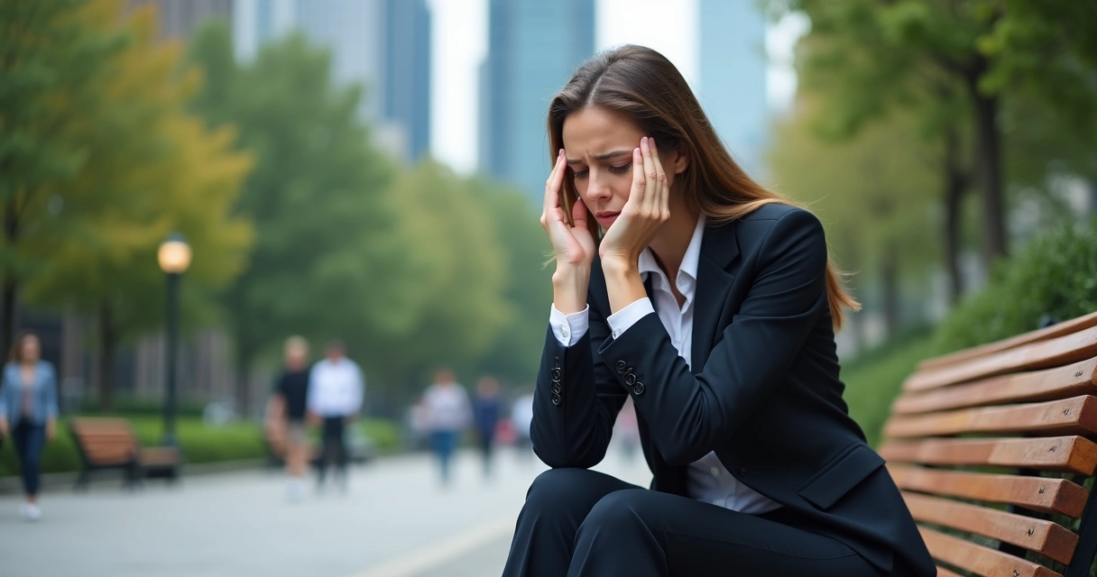 Woman in work clothes sitting on a bench, holding her head, looking stressed