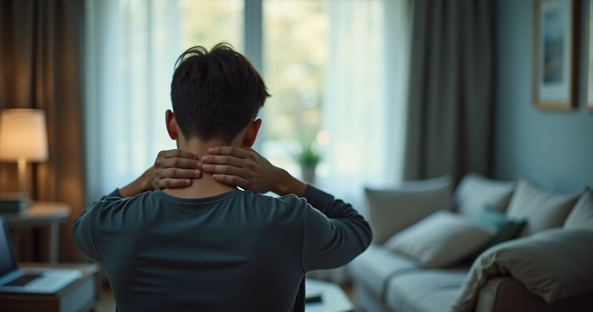 Persona con expresión neutra tocándose la nuca mostrando tensión en cuello y hombros 