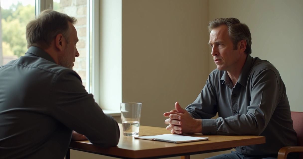Dos personas conversando con gesto tenso en una mesa