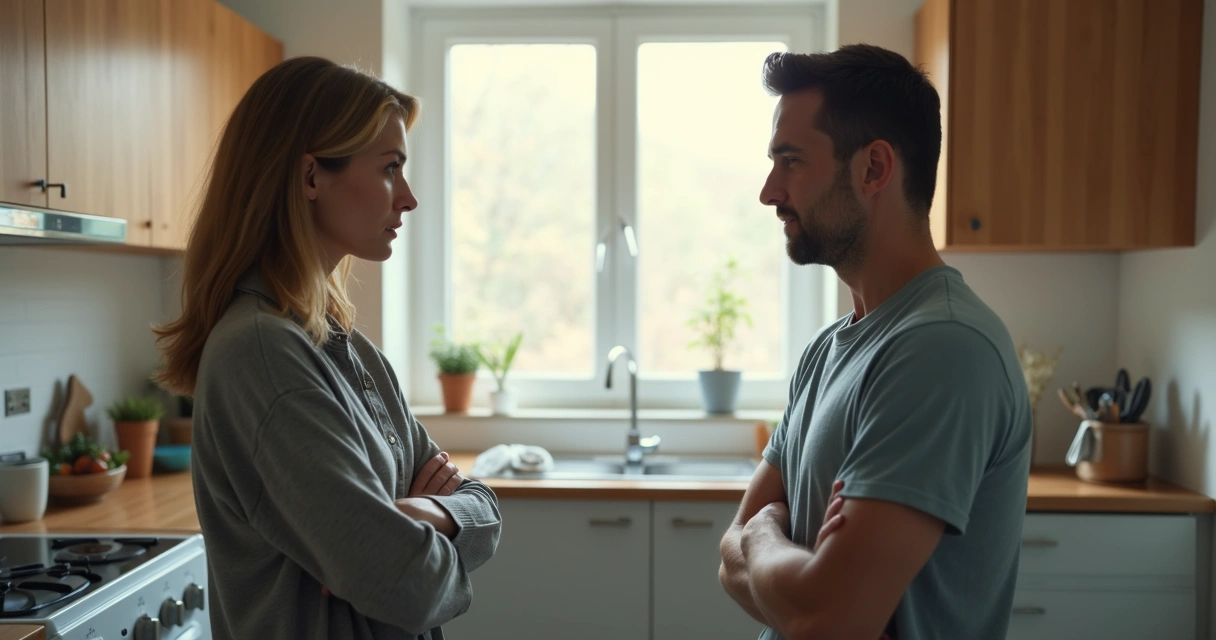 Dos personas conversando con tensión en una cocina 