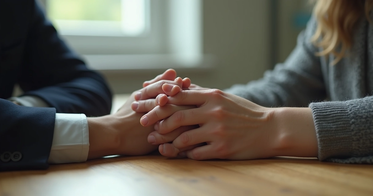 Primer plano de manos tensas durante una conversación en una mesa