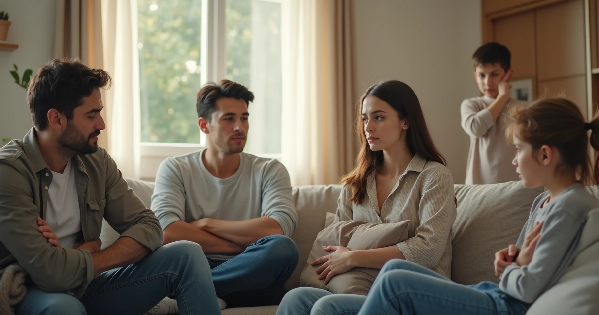 Familia en sala con tensión emocional visible