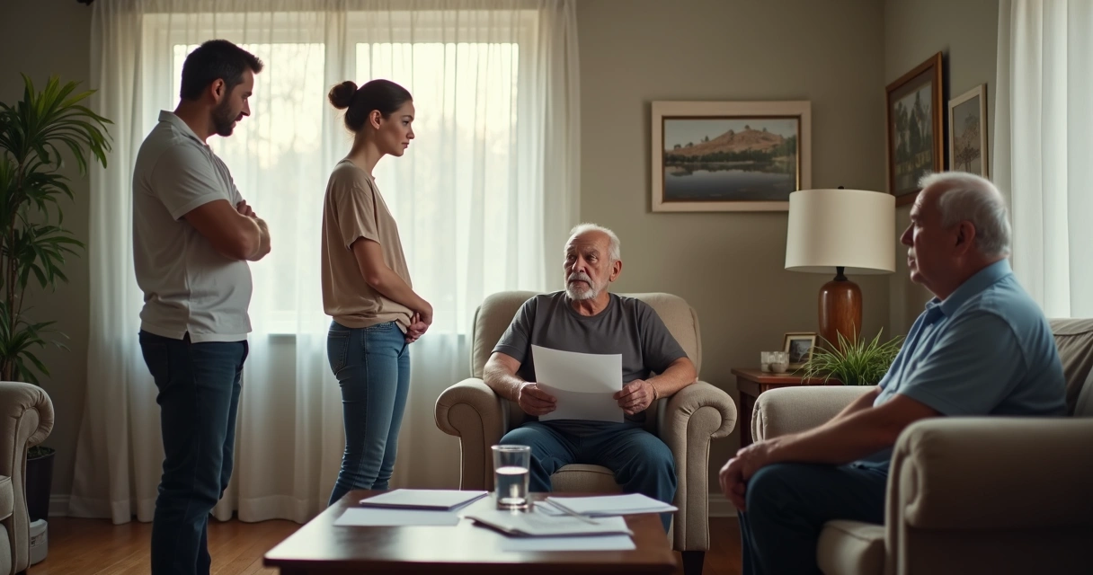 Familia adulta reunida con tensión en la sala 