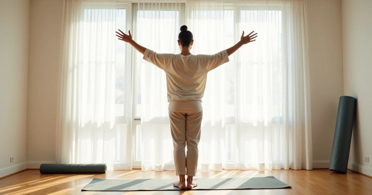 Person doing gentle tension-release movement in a bright room