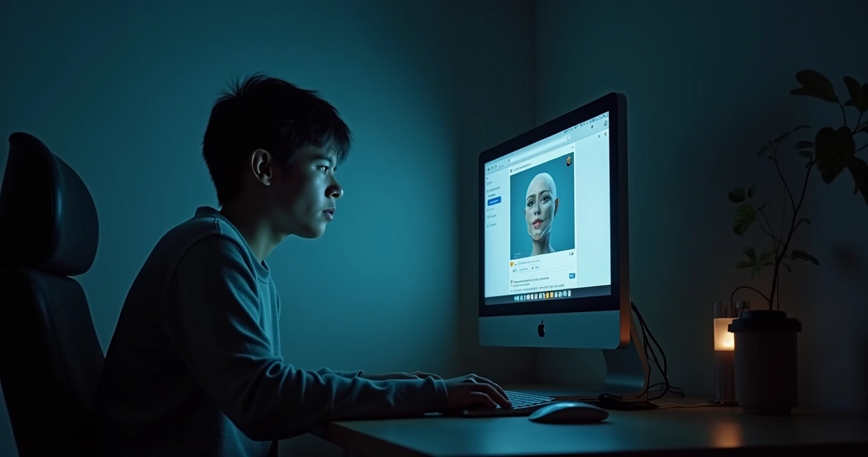 Pessoa olhando fixamente para a tela do computador em ambiente escuro, com expressão cansada e preocupação evidente 