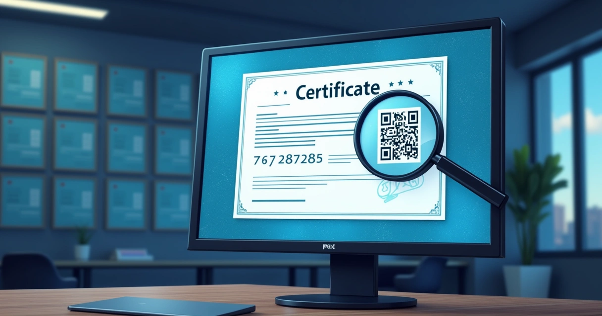Certificado digital com selo e QR code, inspeção de autenticidade em destaque