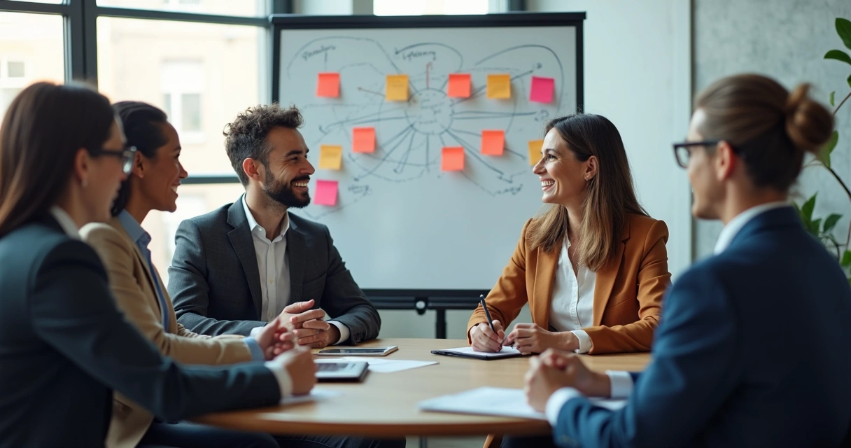 Profissionais em círculo discutindo, representando teoria comportamental em equipes 