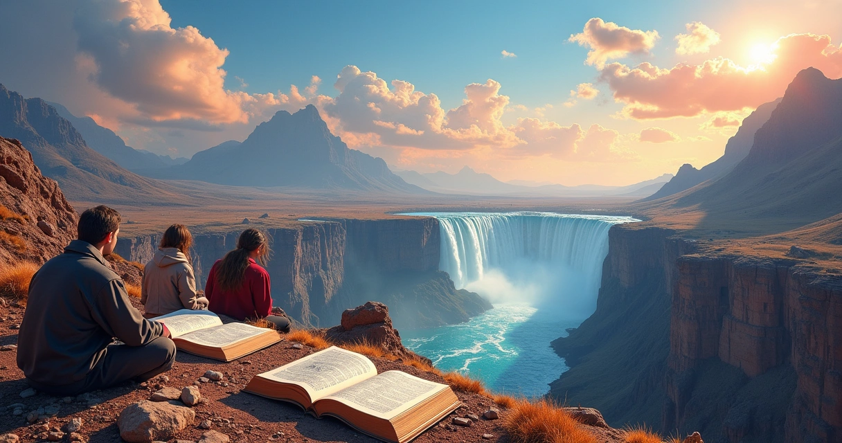 Ilustração de uma paisagem da teoria criacionista, com montanhas, céu azul e um grupo discutindo sobre a Terra jovem.