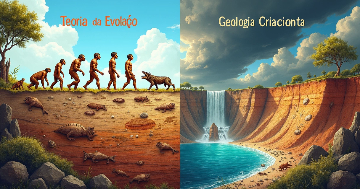 Ilustração mostrando a evolução de espécies à esquerda e eventos catástrofes à direita, contrastando teorias da evolução e criacionista.