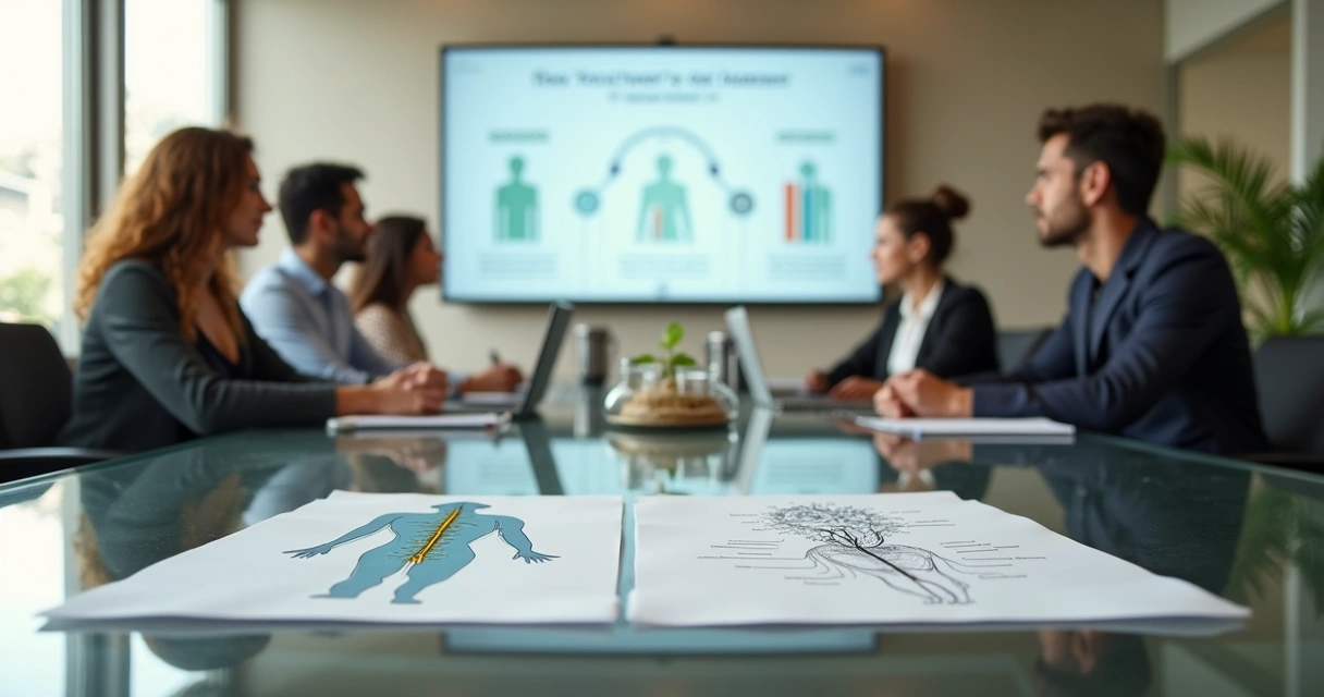 Reunião em escritório mostrando conexão entre corpo e calma no trabalho 