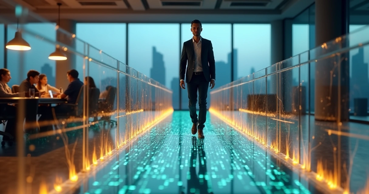 Profissional caminhando sobre ponte luminosa com contornos de sistema nervoso ao redor 