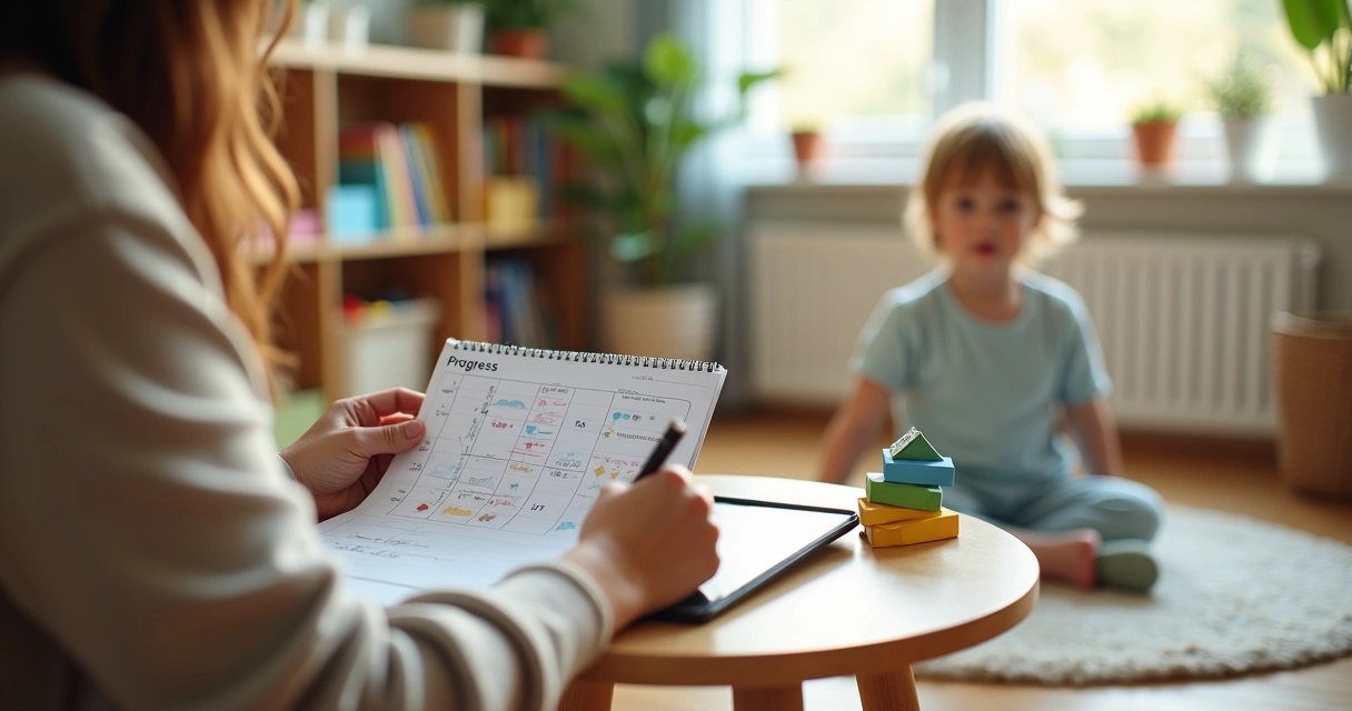Terapeuta registrando em caderno o progresso de uma criança em terapia numa sala acolhedora 