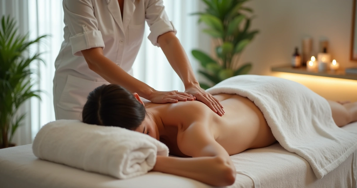 Terapeuta aplicando técnica de massagem em cliente deitado em maca, ambiente de spa claro e decorado com plantas 