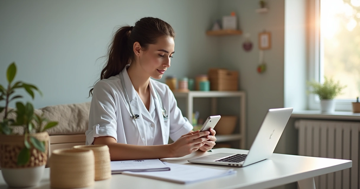 Fisioterapeuta grava áudio para registro clínico em consultório moderno 