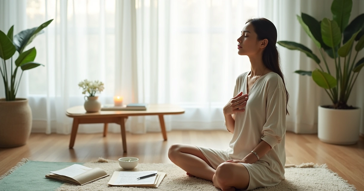 Terapeuta sentada em postura de meditação refletindo diante de caderno de anotações 
