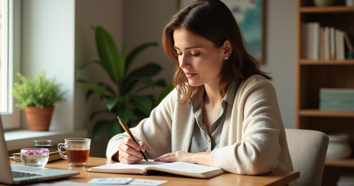 Terapeuta sentada escrevendo em diário de autoconhecimento ao lado de materiais terapêuticos 