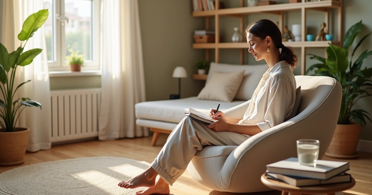 Terapeuta sentada em poltrona confortável praticando autocuidado em ambiente calmo 