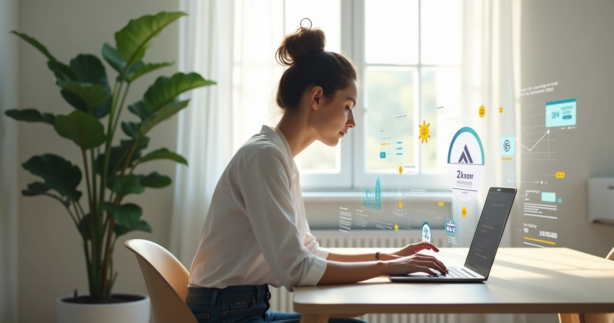 Terapeuta autônomo usando laptop com gráficos digitais em tela, ambiente moderno e organizado 