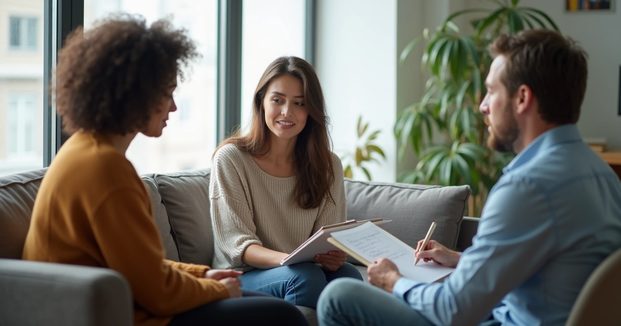 Terapeuta conversando com casal em uma sessão 