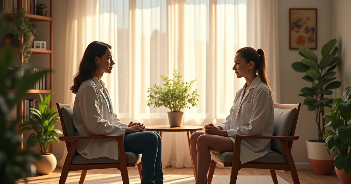 Terapeuta atendendo cliente em consultório com ambiente calmo e luz natural 