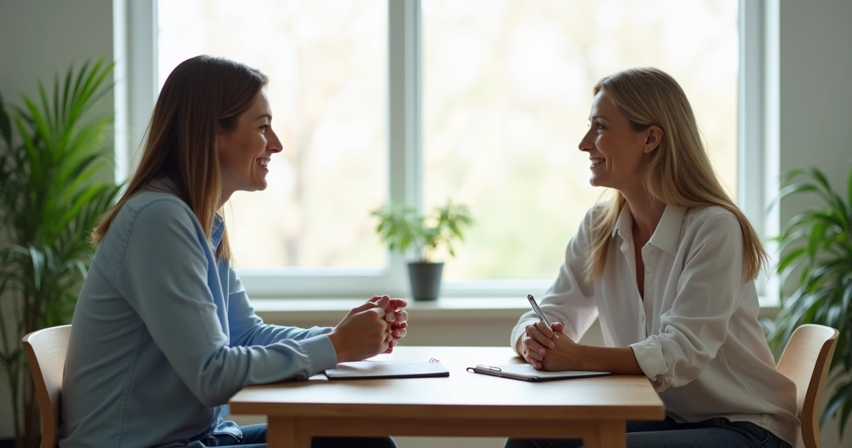 Terapeuta no consultório com paciente sentado à frente, ambos concentrados em conversa. 