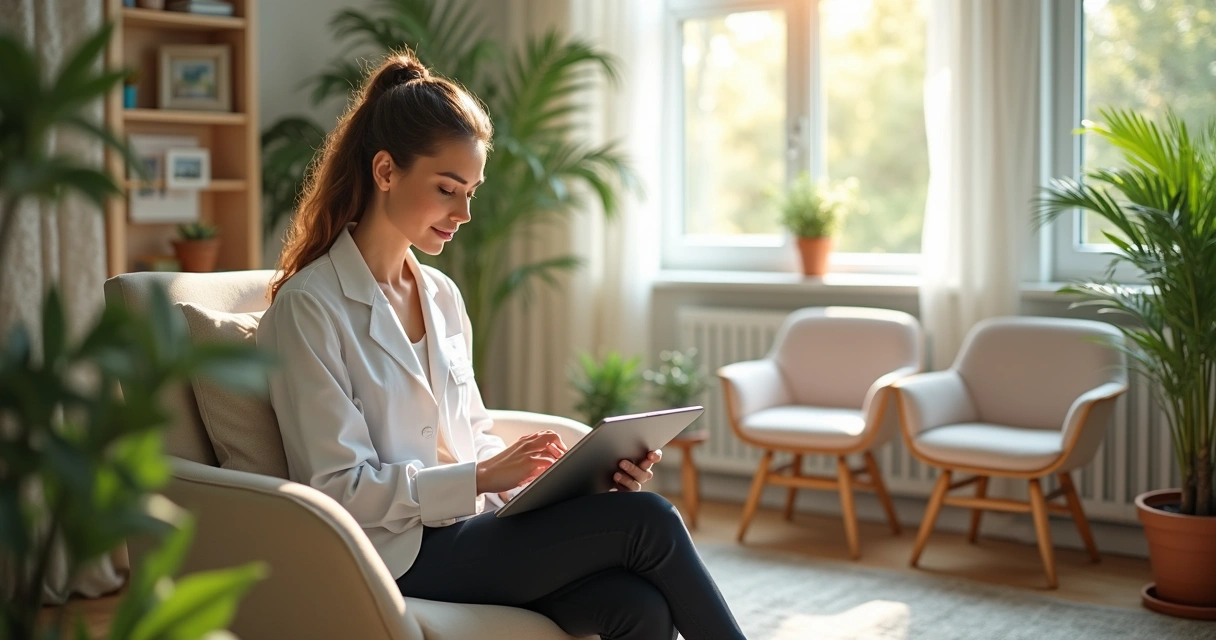 Terapeuta consulta agenda digital em consultório com decoração acolhedora, tons claros e plantas naturais, sentado em cadeira confortável, tablet na mão, luz natural suave 