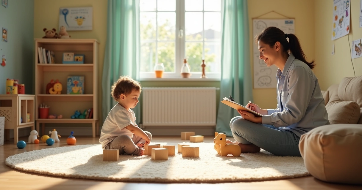 Terapeuta observando criança pequena brincar em sala de terapia colorida 