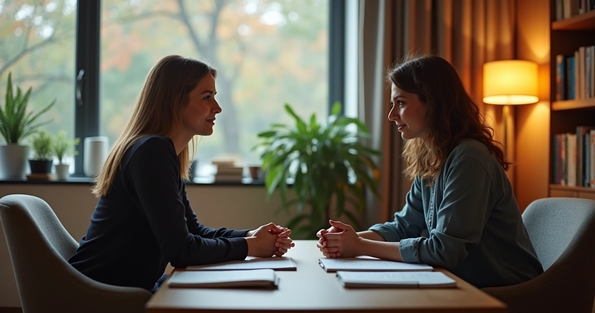 Terapeuta hablando con paciente en una consulta privada. 