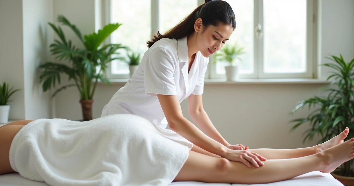 Terapeuta aplicando sessão de drenagem linfática com expressão de concentração 